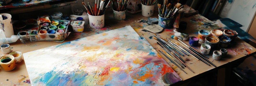 Creative workspace filled with artist brushes, colorful paints, and canvases ready for artistic expression. Generative AI