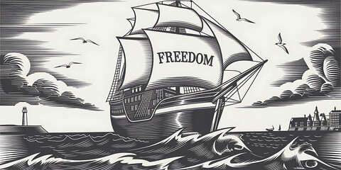 A vintage black and white illustration of a ship with the text "Freedom" on its sail