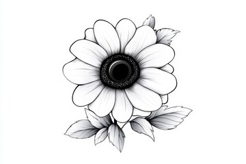 A stylized silhouette of a blooming flower, reduced to elegant curves and sharp contrasts in black and white