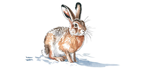 Obraz premium A watercolor style illustration of a snow hare with its ears flattened against its body