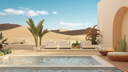Fototapeta premium Desert oasis patio with pool and lounge chairs. 