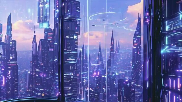 A close-up of a futuristic cityscape viewed through a large, transparent window with sleek metallic frames