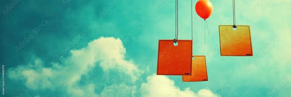 Poster colorful squares and a balloon float in a bright blue sky with soft clouds during a sunny day. gener