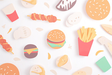 Seamless flat design pattern featuring diverse fast food items like burgers, fries, and ice cream. Bright and playful concept for marketing or branding projects.
