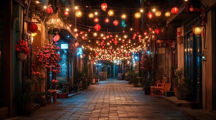Night street scene with lanterns and decorations.