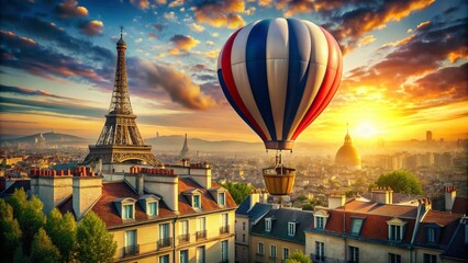 Vintage French Flag Balloon Ascension, Parisian Hot Air Balloon, Tricolore Illustration, Retro France Poster Art