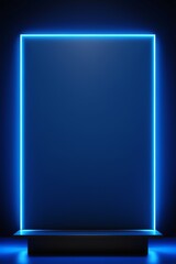 a close up of a blue neon frame in a dark room