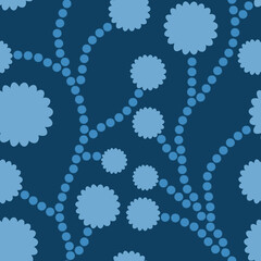 Abstract geometrical dotted flowers seamless pattern. Textured dots or circles weaving on monochromatic dark blue background. Floral branches allover ornamental print
