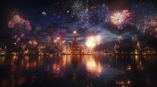 A festive night scene with Wat Arun bathed in golden light, framed by vivid fireworks lighting up the Bangkok skyline.