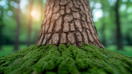 Obraz premium detailed shot of tree trunk with rough bark and green moss covering base, surrounded by lush forest. sunlight filters through trees, creating serene atmosphere