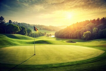 Vintage Golf Putting Green Hilltop -  Isolated Background, Retro Golf Course, Lush Green, Flag,  Classic Golf Scene