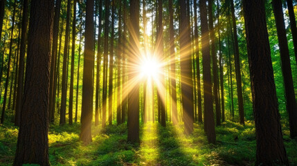 Obraz premium Morning Light in the Forest, vibrant sunlight filtering through trees, illuminating the path ahead, evoking hope and renewal in nature.