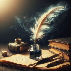 Quill and Ink A quill pen and inkwell descend symbolizing the ac