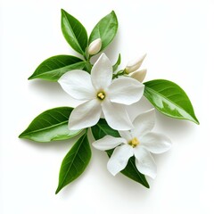 Obraz premium A blooming jasmine flower, paired with its vibrant green leaves, is thoughtfully and elegantly arranged against a clean white background, creating a stunning visual effect that captivates the senses