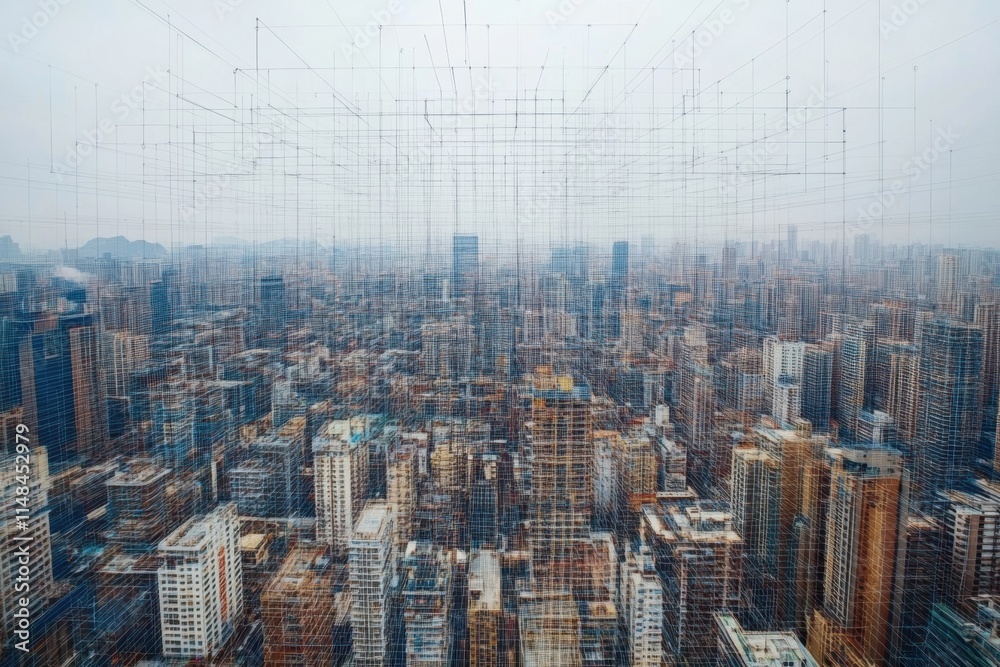 Aufkleber Cityscape showcases digital neural network integration representing artificial intelligence in urban environments. Generative AI