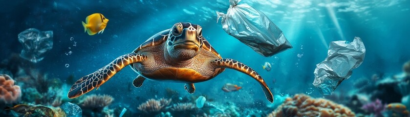 Fototapeta premium Plastic Pollution in Underwater Ecosystem: Devastating Effects on Marine Life, Detailed Realistic Scene of Environmental Harm
