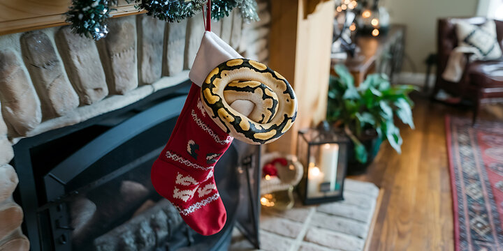  of a curled-up ball python inside a Christmas stocking