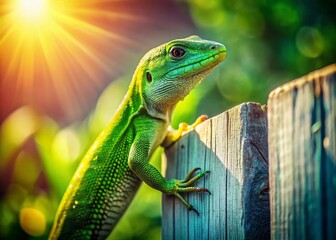 Fototapeta premium Vintage Green Lizard Sunny Day Wooden Fence Photography - Retro Reptile Image