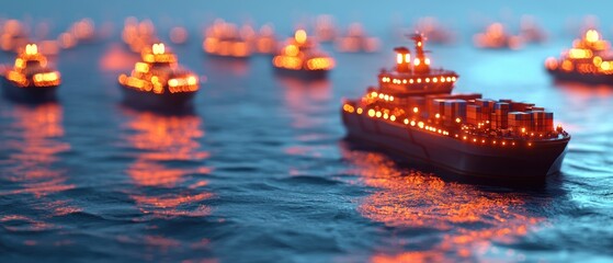 Fototapeta premium A serene night scene featuring illuminated cargo ships floating on calm waters, creating a stunning visual contrast with the dark surroundings.
