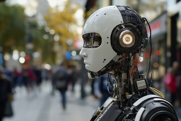 Fototapeta premium A well-designed robot stands gracefully in a bustling city.