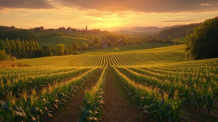 Golden Sunset Over Vibrant Cornfield in Serene Landscape