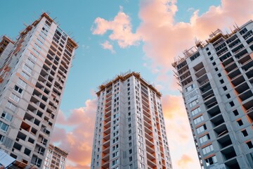 Fototapeta premium Construction Site Overlooking Vibrant Sunset Sky with Unfinished Residential Buildings in Background