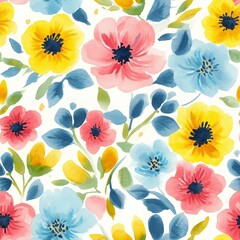 Obraz premium watercolour floral pattern, delicate flowers, yellow, blue and pink flowers, cute colorful floral abstract print