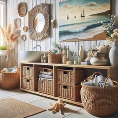 Woven Baskets A bathroom with woven baskets and a coastal theme