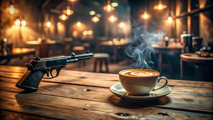 Fototapeta premium Vintage Gun & Coffee: Retro Firearms & Cafe Culture Photography