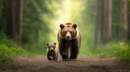 A mother bear and her adorable cub walking towards the camera through a lush forest
