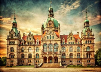 Fototapeta premium Vintage Hannover Neues Rathaus: Historic German Architecture, Niedersachsen Politics, Old Photo, Front View