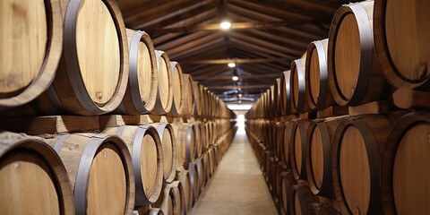 Rows of aged wooden barrels create a rustic atmosphere indoors.