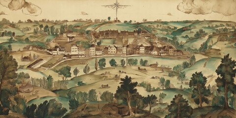 Fototapeta premium A vivid depiction of a rural village set amidst rolling green hills.