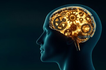 Obraz premium A profile view of a human head in silhouette, with animated gears visible inside, symbolizing creativity and intellect
