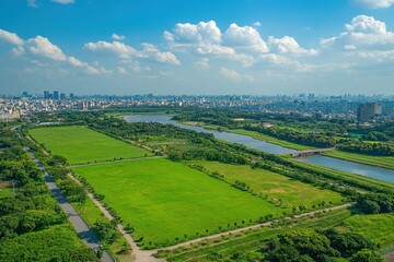 Fototapeta premium Aerial view of city park, river, and cityscape. Illustrates urban planning, nature, and city-park contrast.
