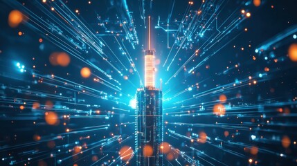 Naklejka premium A futuristic telecom hub with glowing fiber optic cables, a central control tower emitting signals, and a skyline symbolizing global connectivity.