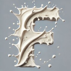 A 3D rendering of the letter F formed by a creamy white milk splash, with droplets surrounding it. Clean, smooth texture, dynamic form.