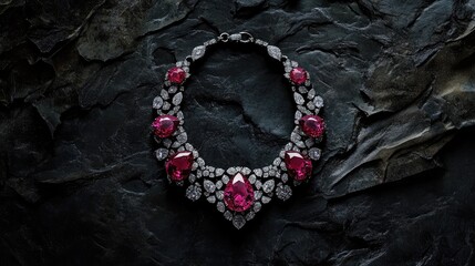 Fototapeta premium Elegant Ruby and Diamond Necklace on Dark Stone Background