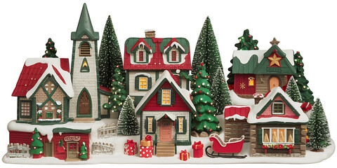 Naklejka premium A Christmas village with various buildings, including a church, a cabin, and a house