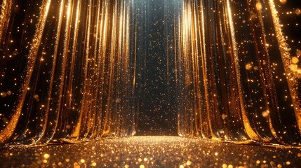 Sparkling Golden Curtain Stage with Shimmering Light Effects