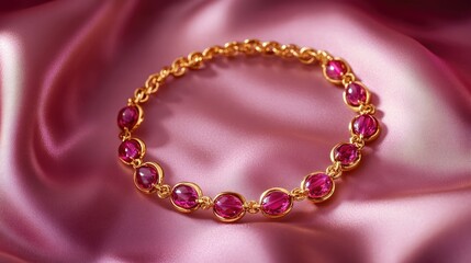 Obraz premium Elegant Gold Bracelet with Pink Stones on Satin Fabric Background
