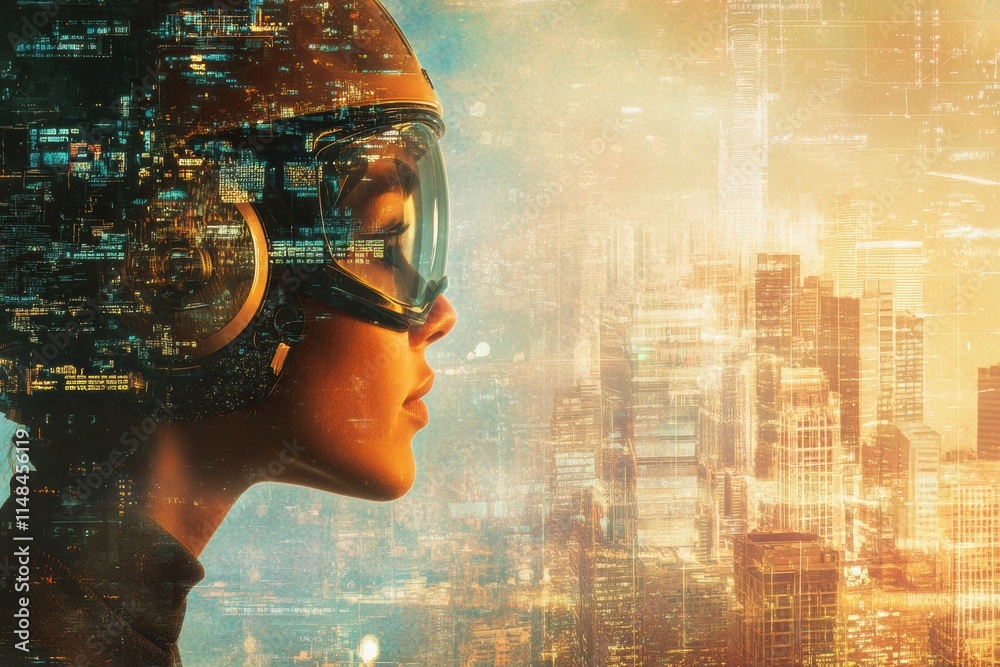 Fototapete profile of a person in a safety helmet and goggles with an abstract city environment reflecting inno