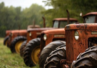 Row of vintage tractors in the rain, showcasing rustic charm and agricultural heritage.