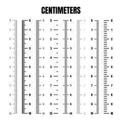 Vertical centimeter scale for measuring length or height. Various measurement scales with divisions. Ruler, tape measure marks, size indicators. Vector illustration