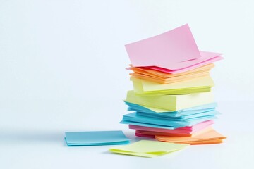 Colorful sticky notes stacked high on white background. Vibrant colors create design element. Arrangement casual but organized. Notes ready for use. Concept of ideas, creativity planning. Perfect for