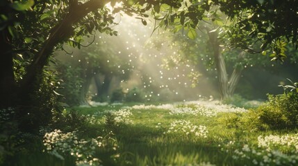 Obraz premium A tranquil nature background with lush green meadows and soft sunlight filtering through the trees,
