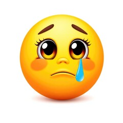 Fototapeta premium A bright yellow emoticon conveys deep sadness and anxiety through large, expressive eyes and a single tear. It reflects feelings of worry and disappointment clearly