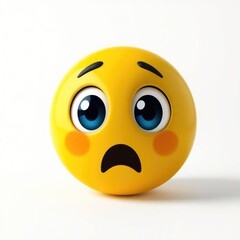 Fototapeta premium A sad emoji with large, expressive eyes and rosy cheeks conveys deep feelings of sadness, anxiety, and disappointment in a bright yellow hue against a simple backdrop
