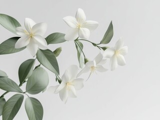 Fototapeta premium A stunning, fragrant jasmine flower, adorned with vibrant green leaves, is gracefully captured against a pristine white background, intricately creating a serene and peaceful atmosphere