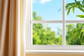 An open window with curtains flowing gently in the breeze, inviting the outside world in